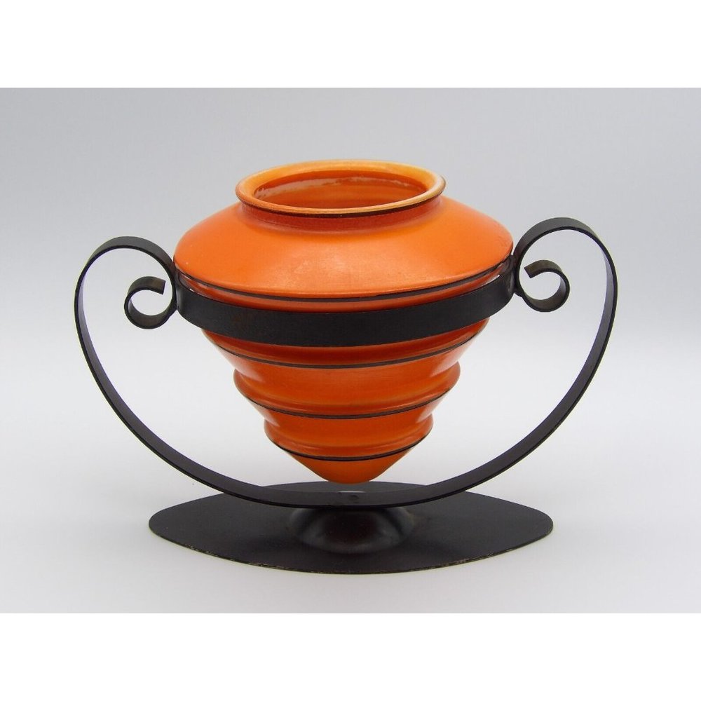 Vintage Vase Orange Flashed Glass Black Trim w Black Stand 6" H x 5" D x 9" W